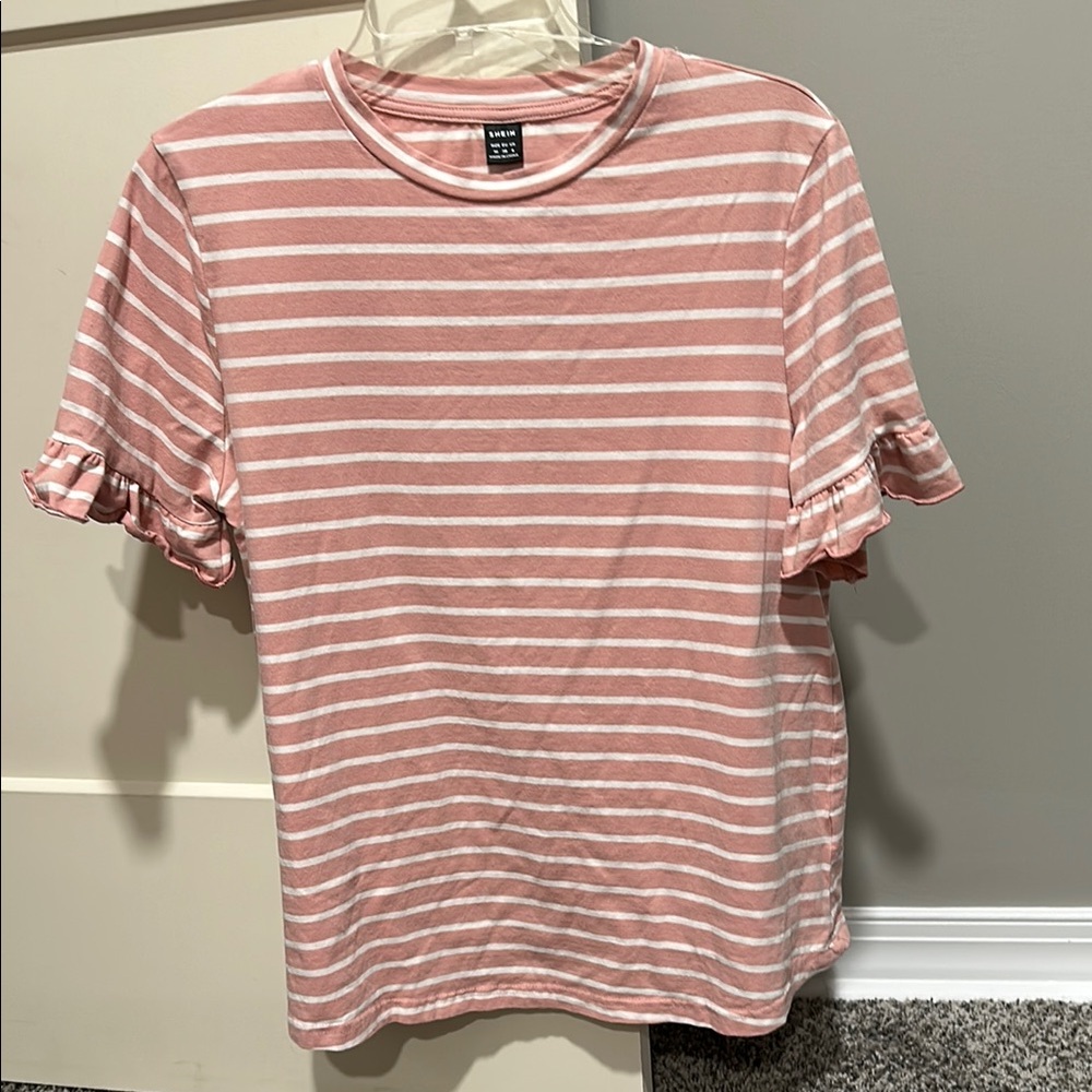 SHEIN Blush and White Striped Ruffle Sleeve Top